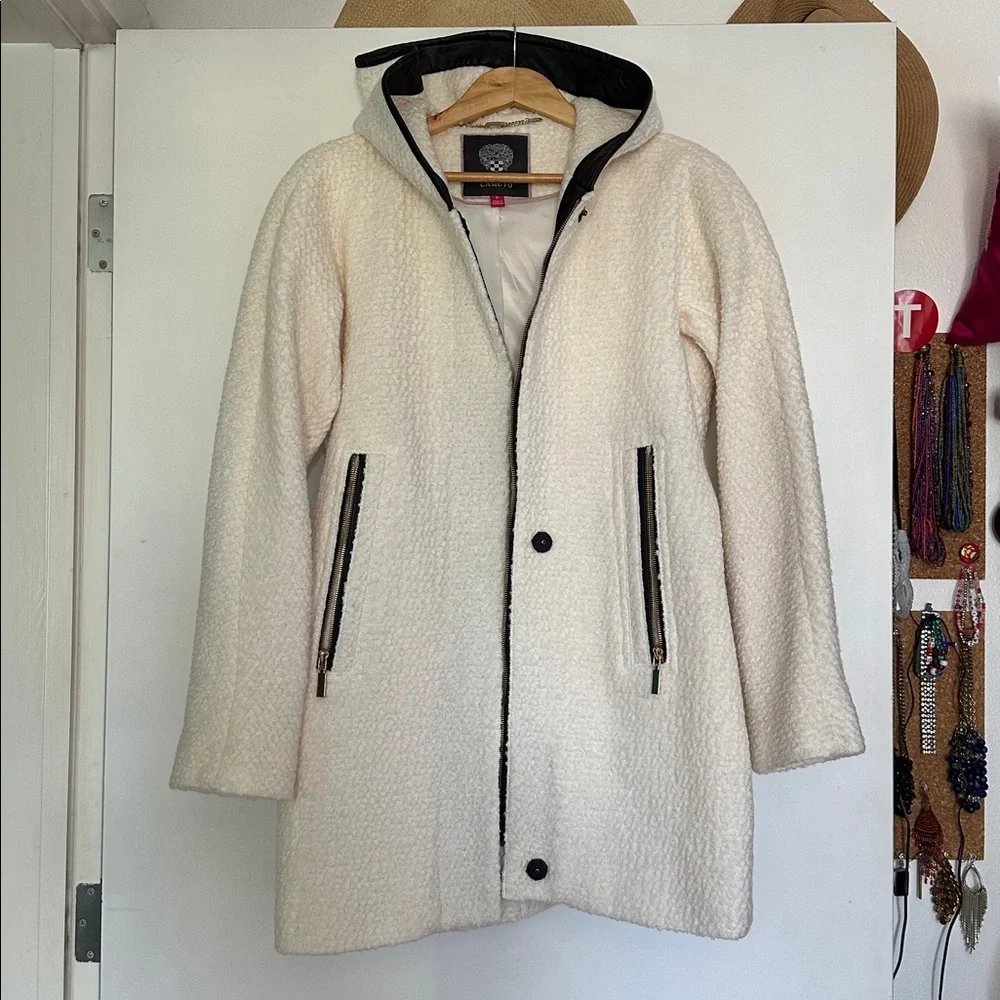 Vince Camuto Women's Ivory White and Black Faux Vegan Leather trim Hooded Coat - Picture 2 of 7